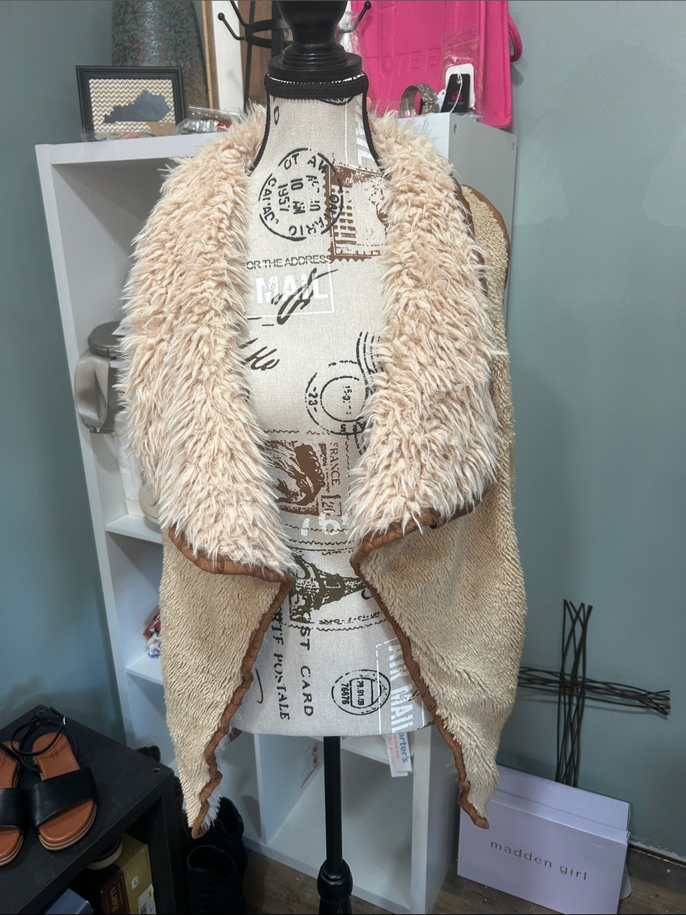 Plush Faux Shearling Draped Vest - Cream & Tan NWT